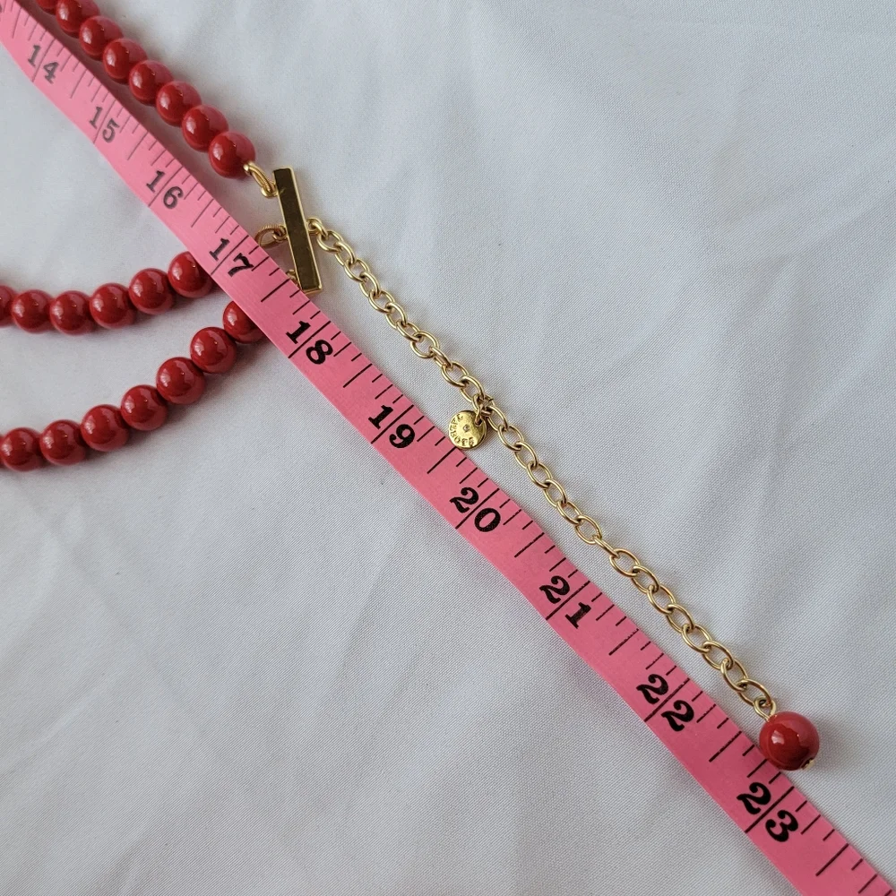 Talbots Signed Red and Gold Three Strand Beaded Necklace